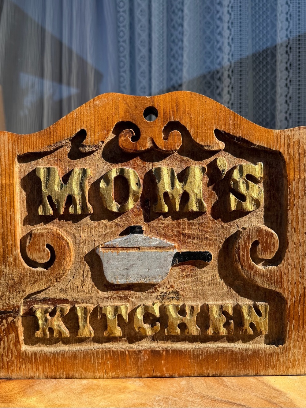 Vintage Handcrafted Wooden "Mom's Kitchen" Wall Sign in Natural Wood and Yellow